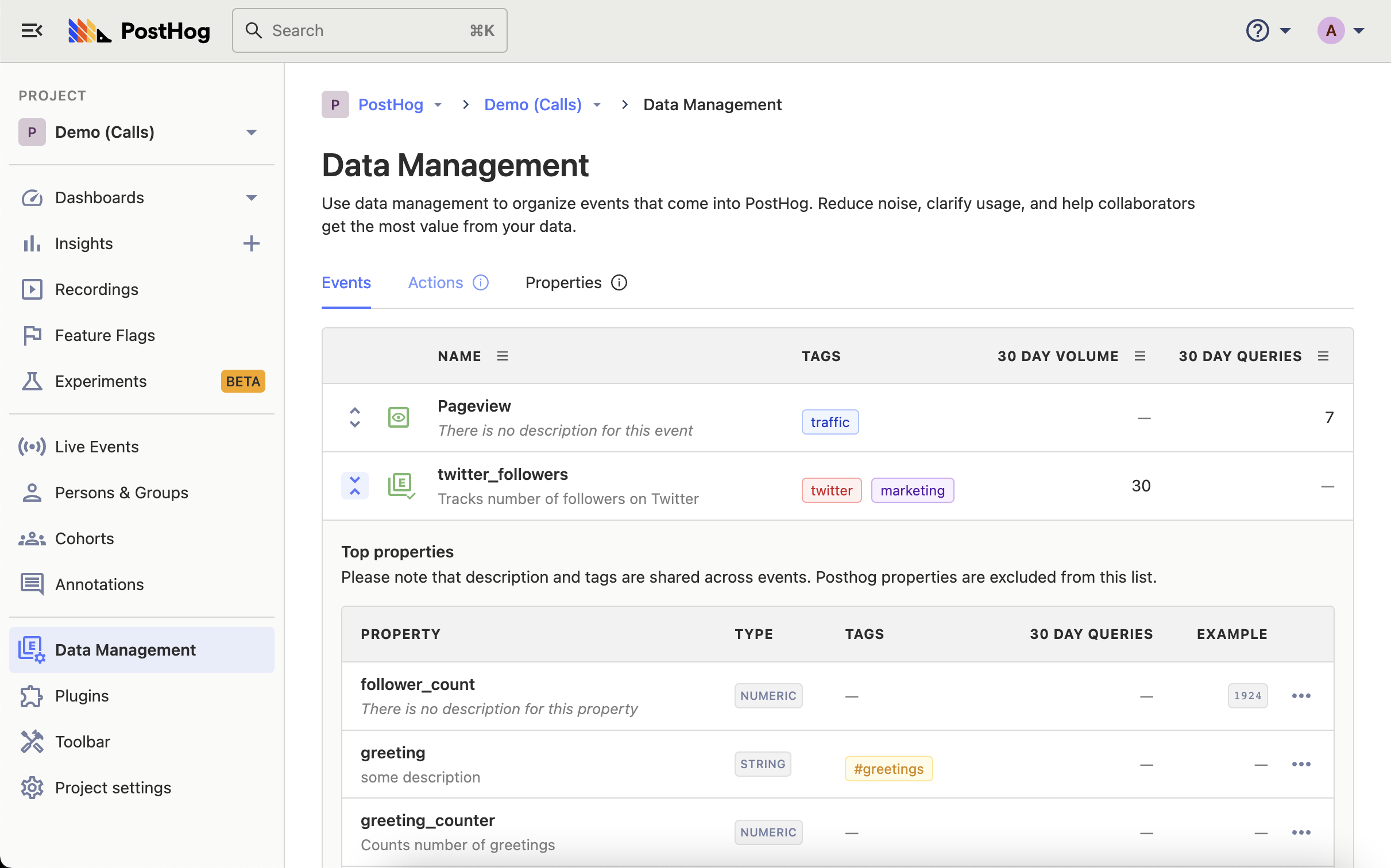 PostHog - data management tab